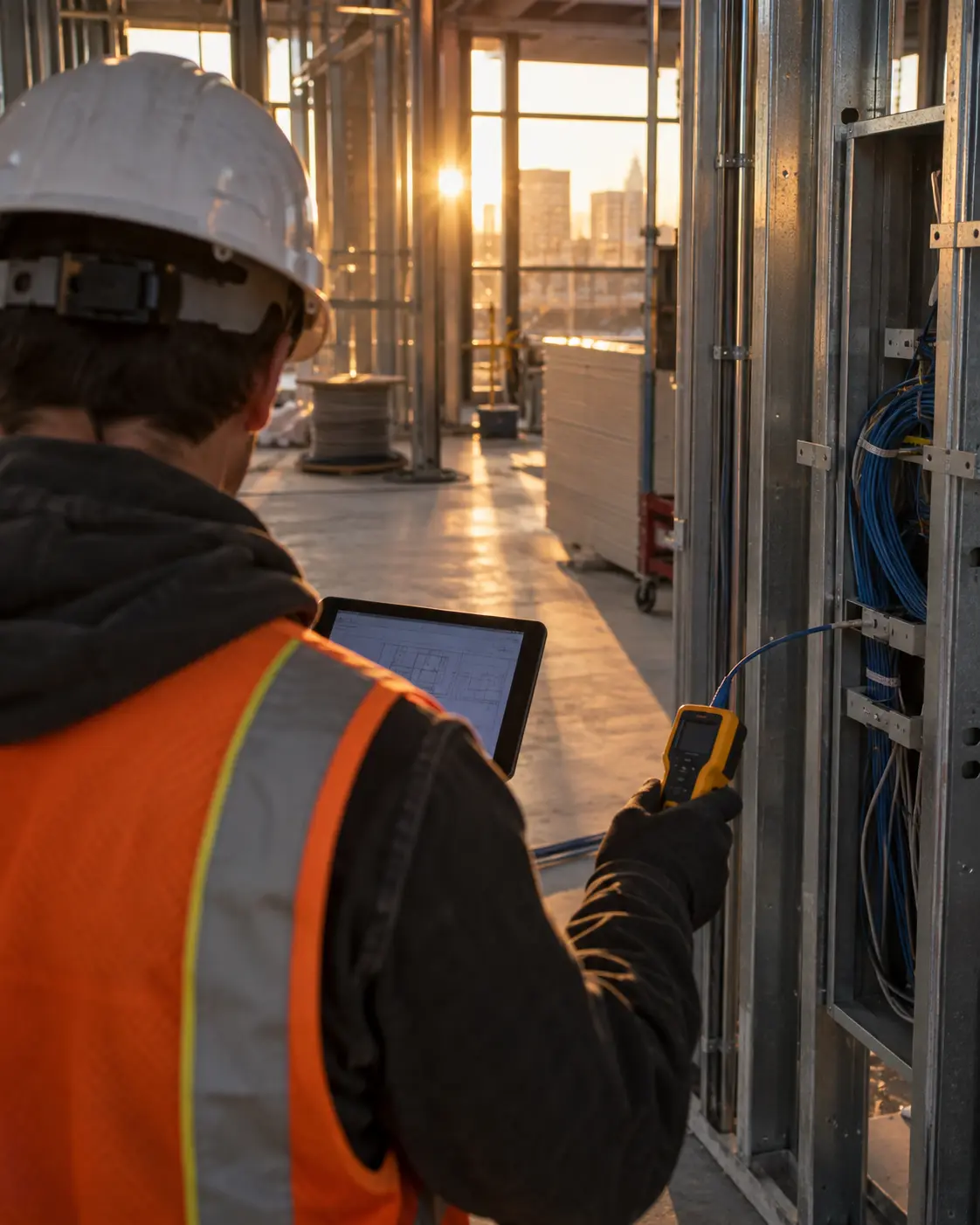 Technician reviewing plans with a cable tester on a commercial job site