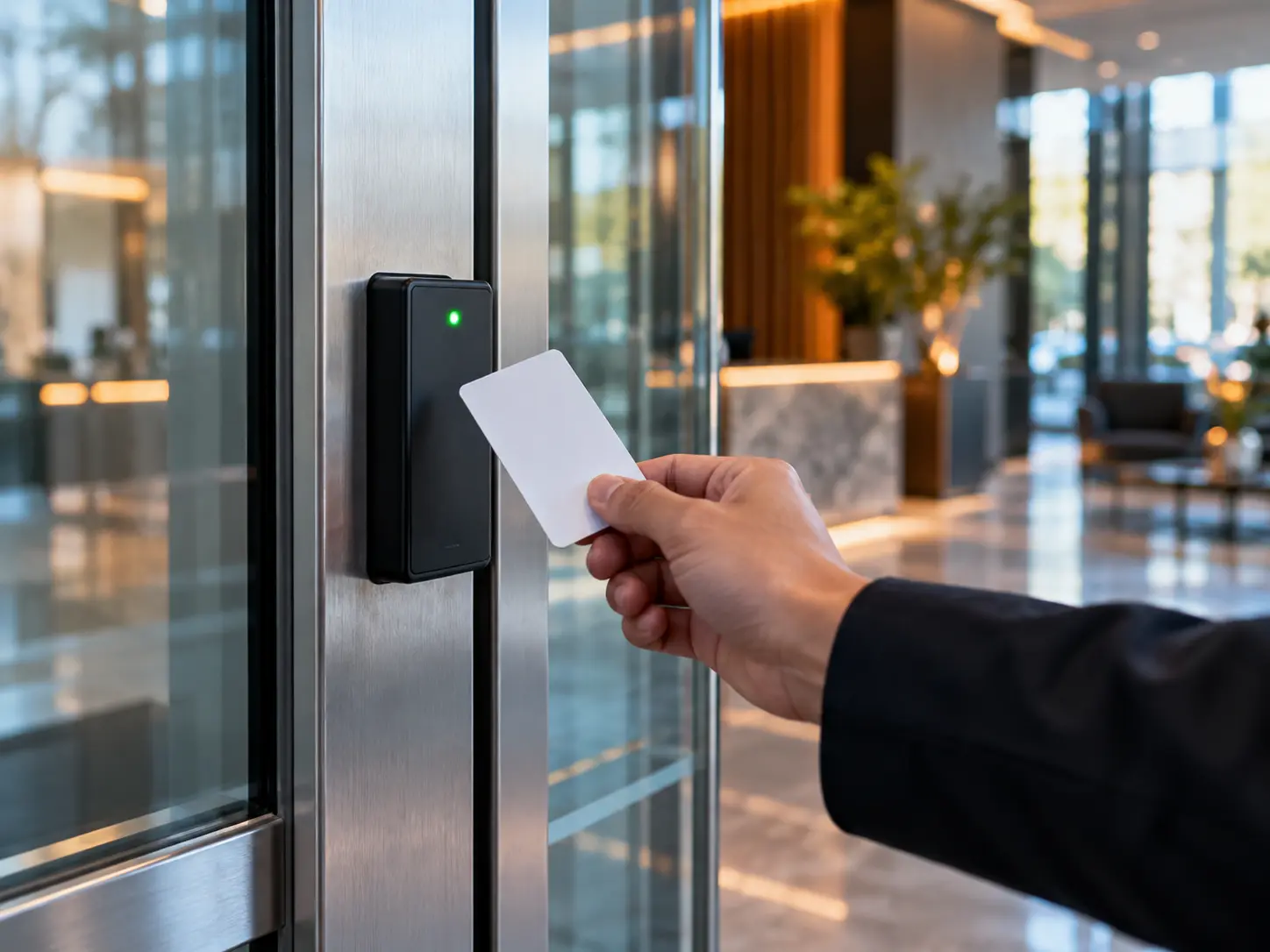 Proximity card reader beside a commercial glass entry door
