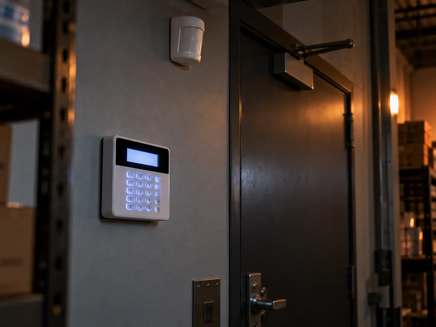 Security alarm keypad and motion sensor on a business wall