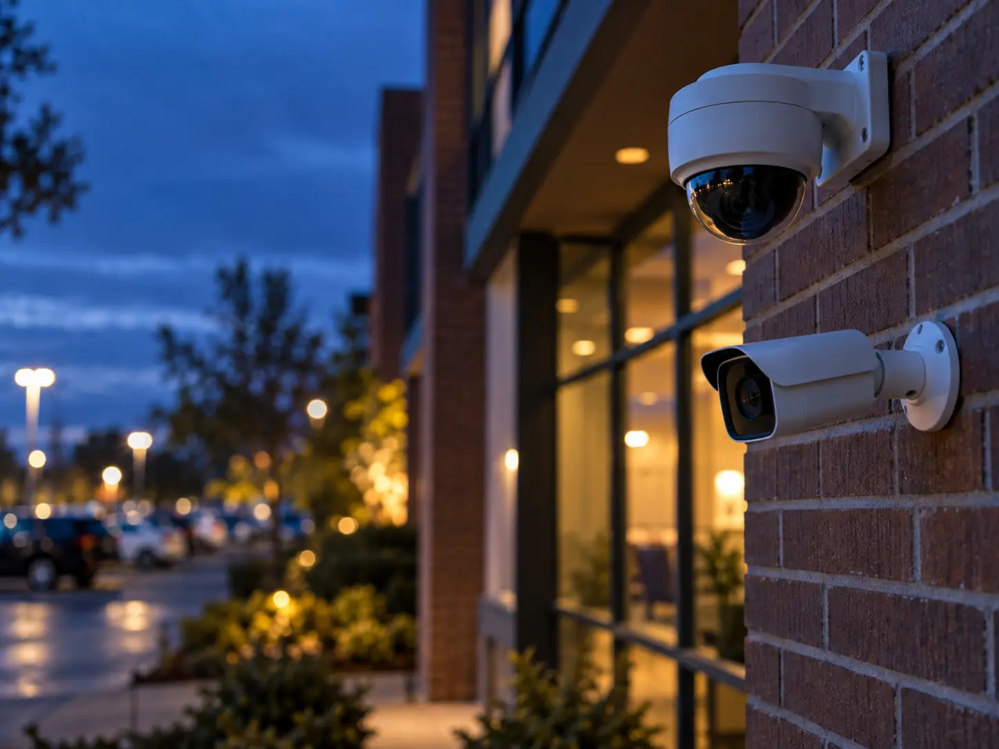 Commercial security cameras mounted on a brick building