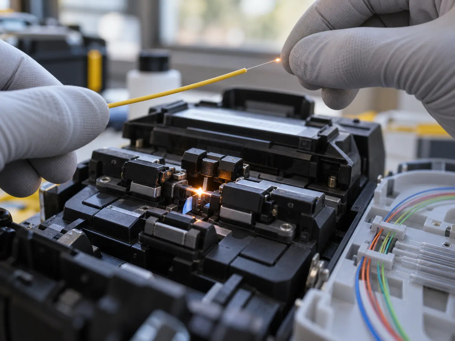 Optical fiber being prepared in a fusion splicer