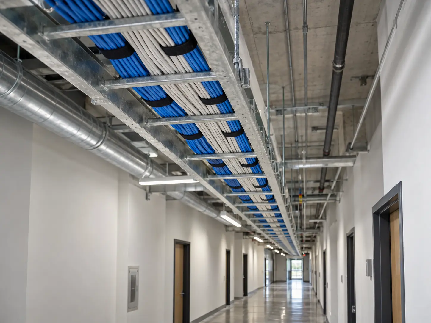 Network cabling bundled in an overhead cable tray