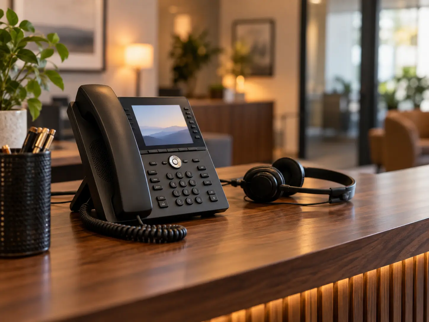 Business desk phone on a reception desk