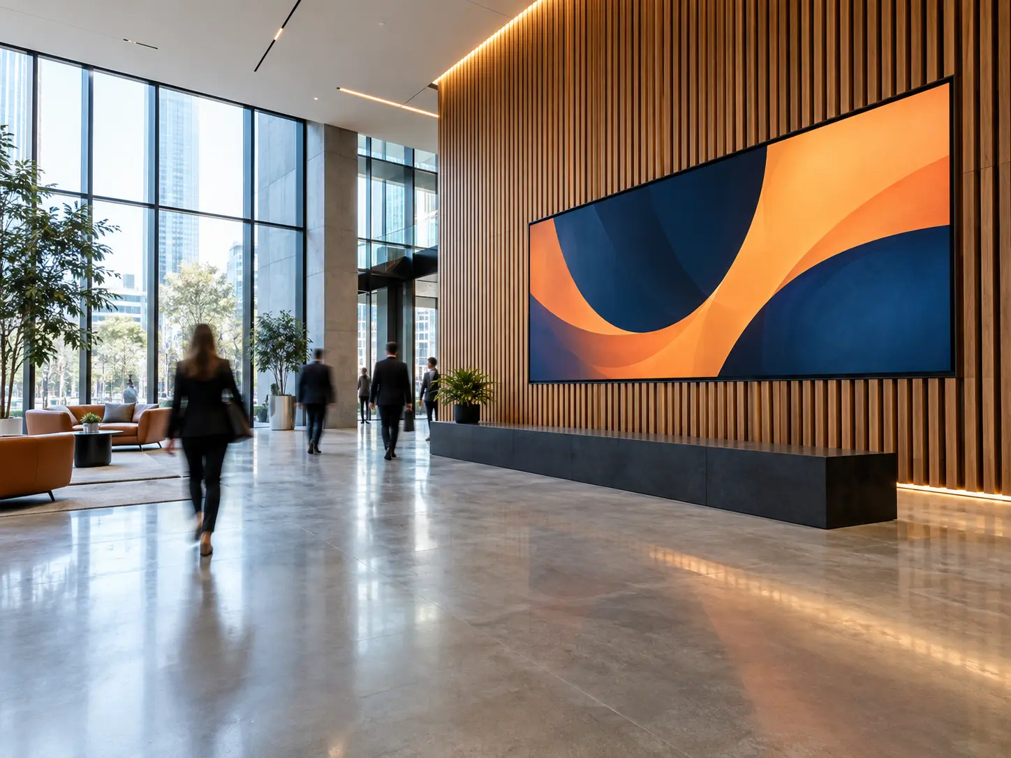 Large digital signage display in a business lobby